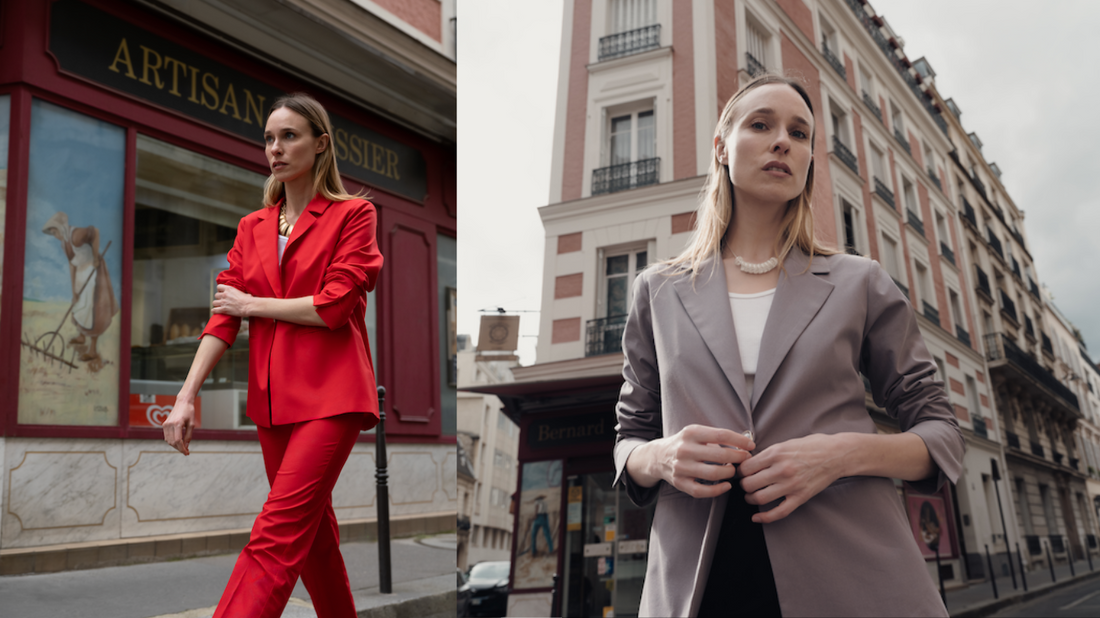 Veste de tailleur oversize pour femme en coton biologique, disponible en rouge, bleu et gris, fabriquée à Paris. Ce modèle tendance combine confort et style moderne, idéal pour toutes les occasions. Sa coupe ample et ses matériaux de haute qualité en font un choix écoresponsable pour une garde-robe chic.