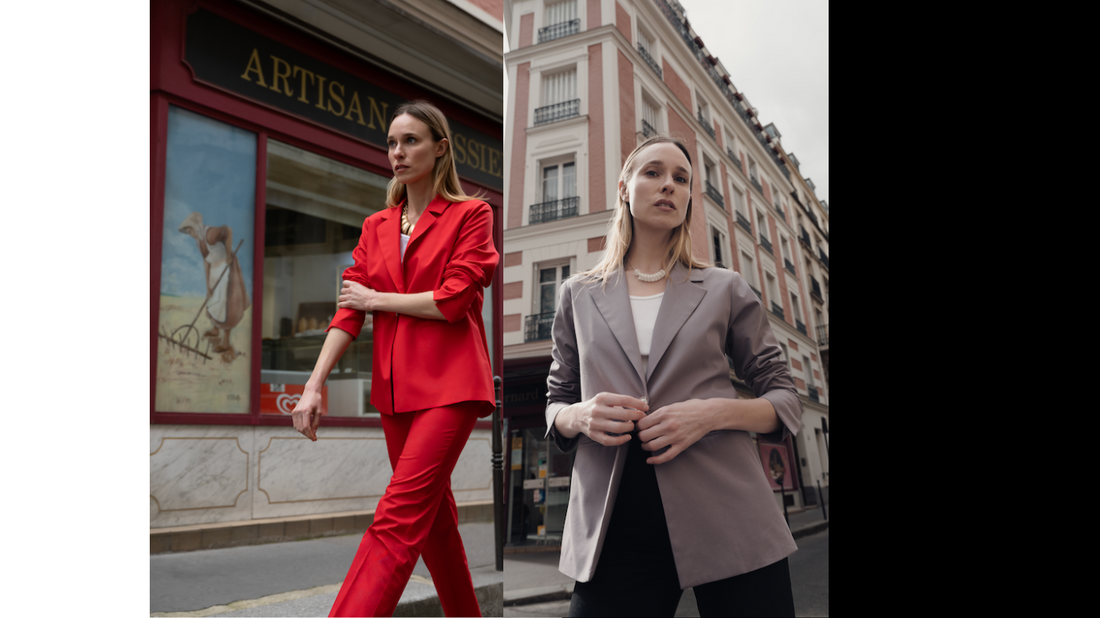 Veste de tailleur oversize pour femme en coton biologique, proposée en rouge, bleu et gris, fabriquée à Paris. Ce modèle élégant allie confort et modernité, parfait pour toutes les occasions. Sa coupe généreuse et ses matériaux de qualité en font une option écoresponsable pour une garde-robe stylée.